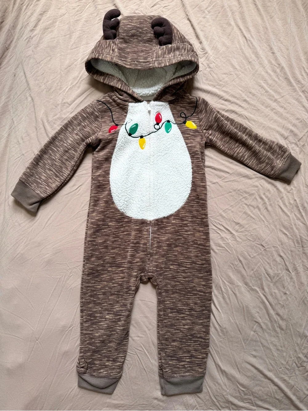 18M🎄 Carter’s Christmas Lights Fleece Reindeer Hooded One Piece Brown Jumpsuit